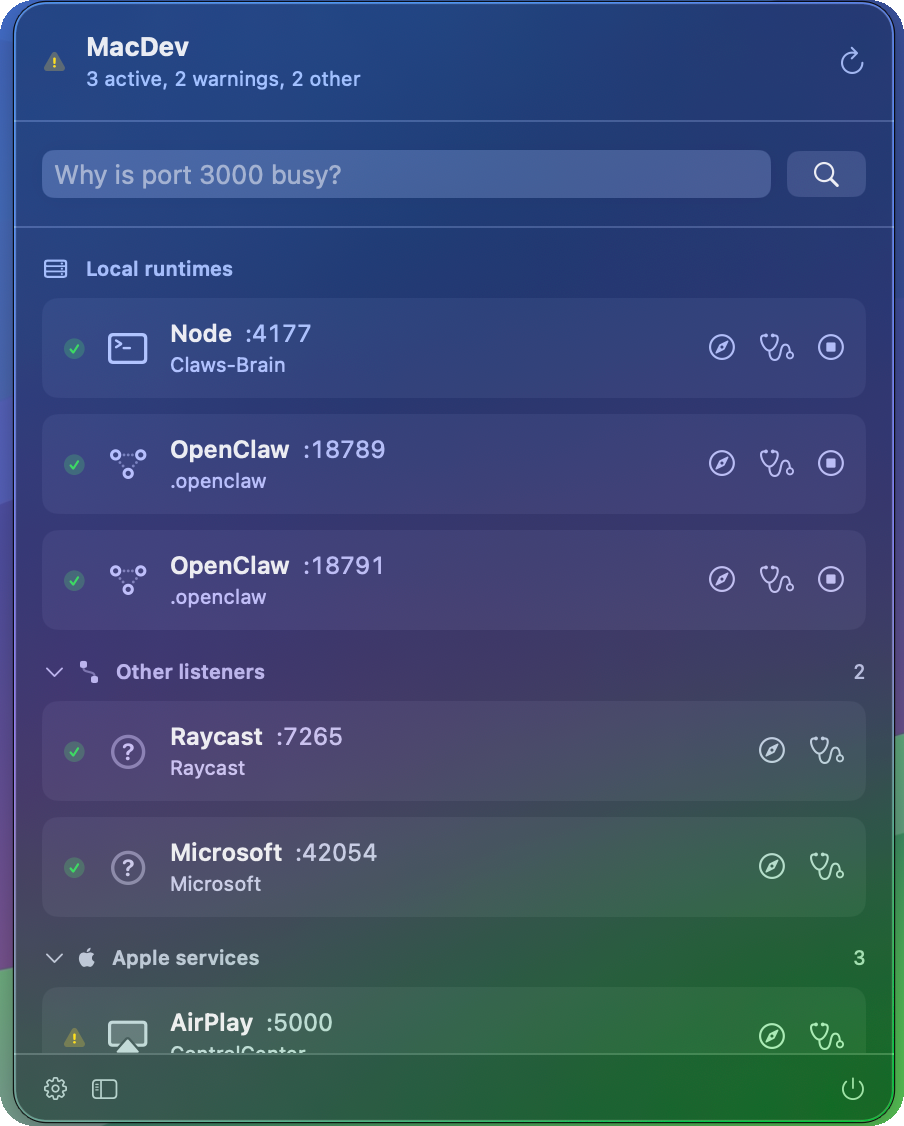 MacDev menu bar runtime panel with localhost runtimes, warnings, and diagnostics